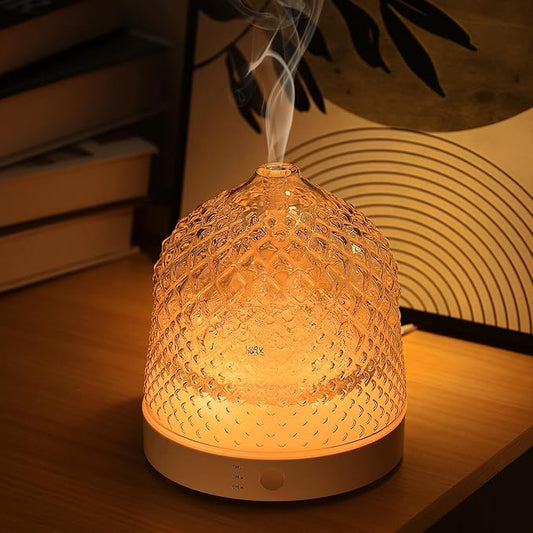 Glass Essential Oil Diffuser, 200ml Ultrasonic Aroma Diffusers with Glass Reservoir Dome & White Plastic Base Lock Color Auto-Off Timer 7 Color Light for Home Office Bedroom Yoga - Bloomnest