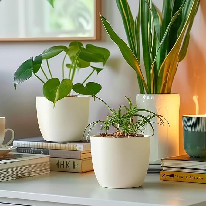 T4U 6 Inch Self Watering Planters Plastic Plant Pot, Modern Decorative Flower Pot/Window Box for All House Plants, Flowers, Herbs, African Violets, Succulents - White, Set of 6 - Bloomnest