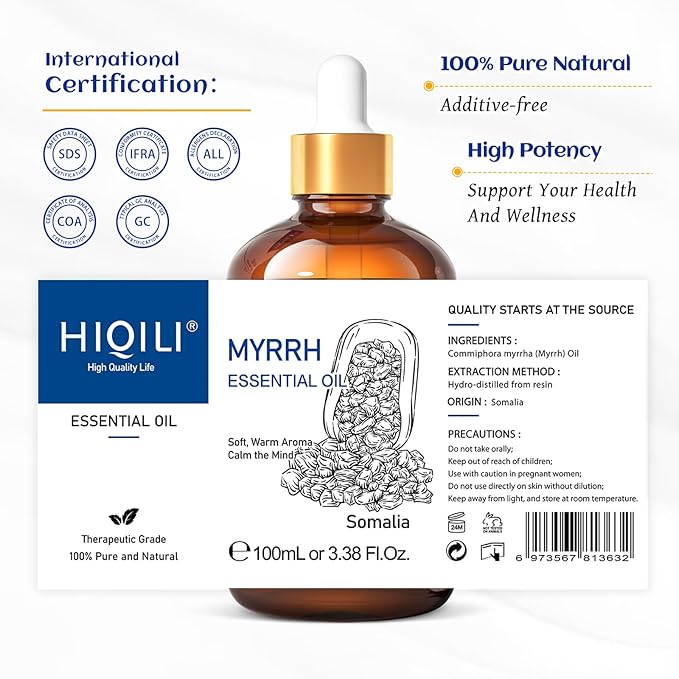 HIQILI 100ML Myrrh Essential Oil for Skin, Diffuser & Candle, 100% Pure and Natural - 3.38 Fl Oz - Bloomnest