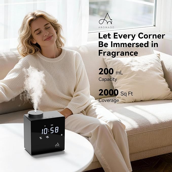 2026 Smart Waterless Diffuser, 2000 Sq.Ft Cold Air Scent Machine with Clock & Environmental Display | 7 Fragrance Levels, 9 Timer Settings, Hotel Collection Diffuser for Home & Large Rooms (Black) - Bloomnest
