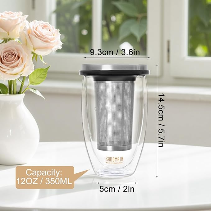 Glass Tea Cup with Infuser and Lid, Tea Infuser Mug in 12 OZ/350ML, Heat-Proof Double Wall Glass Tea Cup, 100% Plastic-Free Tea Mug with Lid and Strainer, Keeps Drinks Hot/Cold Longer Time - Bloomnest