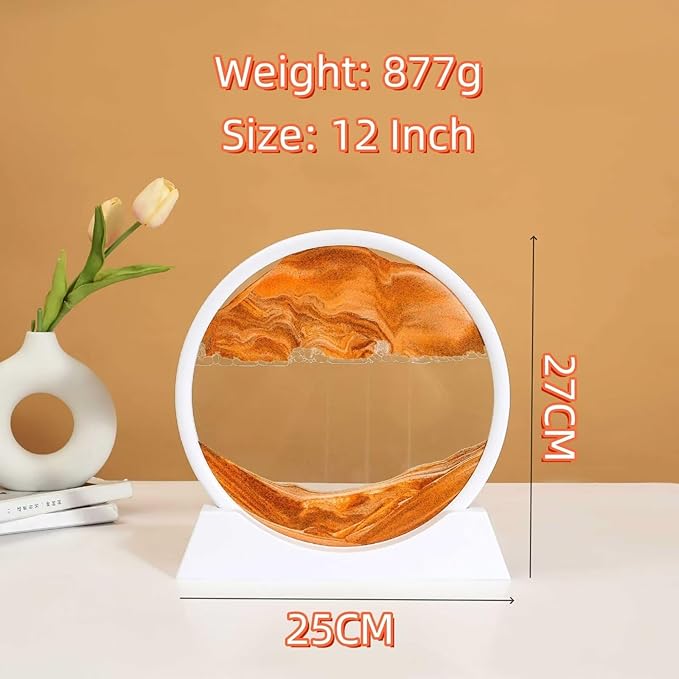 BGFJYUK Moving Sand Art Picture in Motion, Round Glass 3D Deep Sea Sandscapes with Display Flowing Sand Frame for Relaxing Desktop Home Office Work Décor for Kids Adults (White Frame Orange,12inch) - Bloomnest