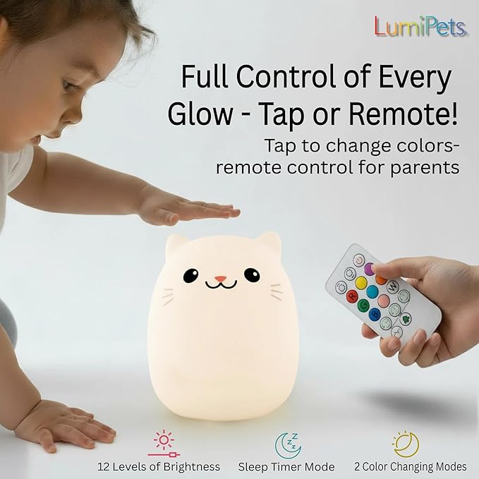 Lumipets Clive The Cat Squishy Silicone Night Light for Kids | Cute Night Light with Remote & Touch Control for Baby & Toddler Bedrooms | Color Changing Portable Animal Nightlight | Kids Mood Lamp - Bloomnest