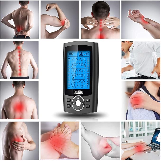 Belifu Dual Channel TENS EMS Unit 24 Modes Muscle Stimulator for Pain Relief Therapy, Electronic Pulse Massager Muscle Massager with 10 Pads, Dust-Proof Drawstring Storage Bag, Fastening Cable Ties Belifu