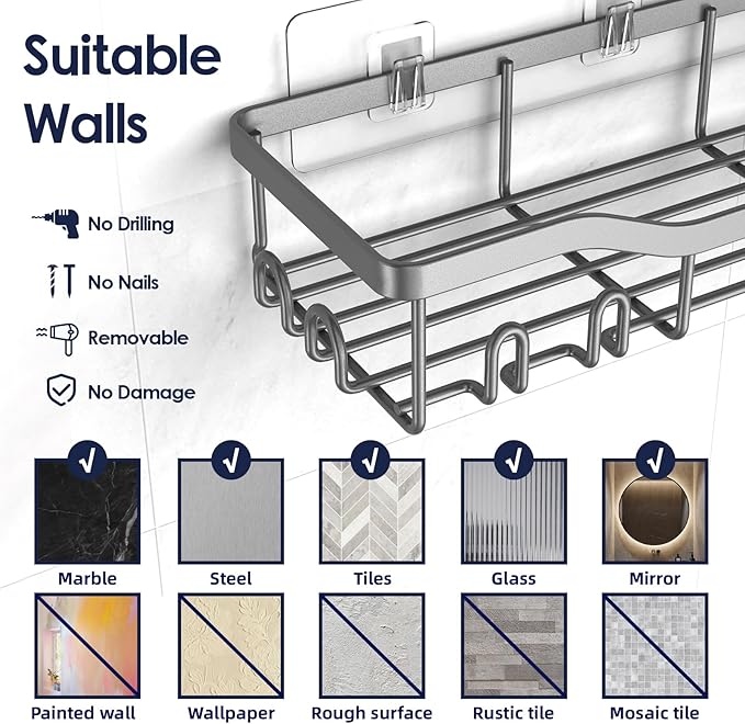 Shower Caddy Adhesive Shower Organizer 7-Pack, Rustproof Stainless Steel Bathroom Shelves, Large Capacity No-Drill Rack Storage Accessories with Soap Dish Toothbrush Holder Hooks - Bloomnest