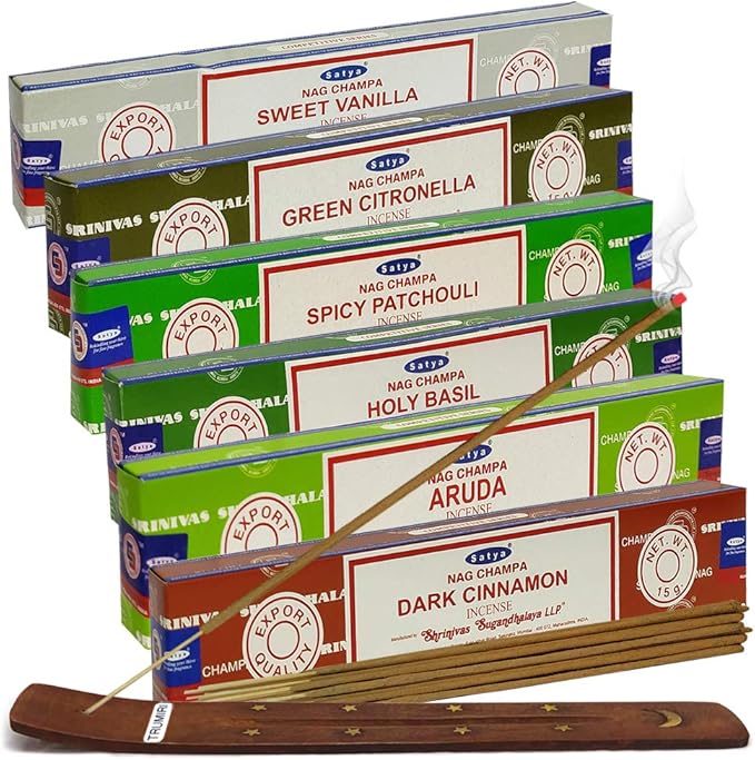 Satya Incense Sticks Variety Pack #8 and Incense Stick Holder Bundle with 6 Festival Fragrances TRUMIRI