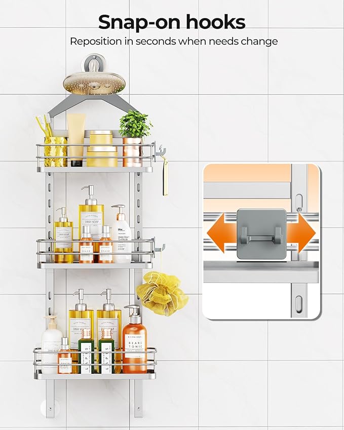 ODesign 3 Tier Height-Adjustable Shower Caddy Hanging Anti-Swing-Over The Shower Head Caddy-Storage Organizer Bathroom Shelves Basket-Silver - Bloomnest