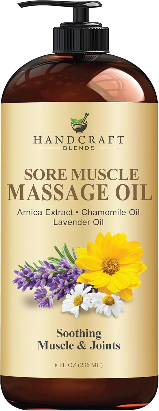 Handcraft Blends Sore Muscle Massage Oil 8 Fl Oz - Moisturizing Body Oil for Massage Therapy - Made with Arnica Extract, Chamomile, Lavender, Peppermint Oils