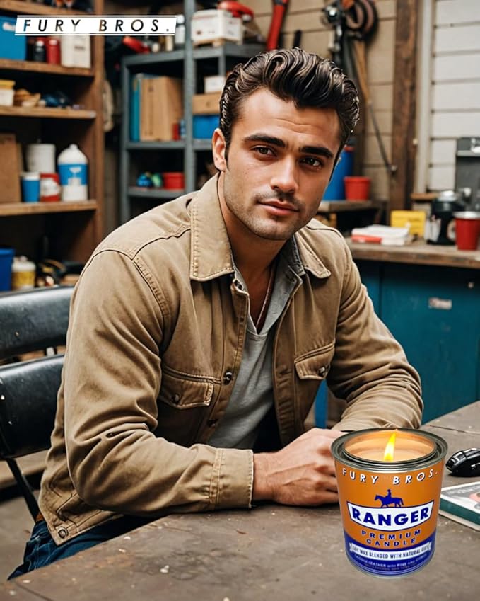 Fury Bros. Scented Candles for Men | Ranger | Saddle Leather Pine Citrus | Natural Soy Wax | Hand-Poured in The USA | Long 70-80 Hour Burn (12.5 oz) | Vintage-Inspired Tin Design | Dad Home Gift - Bloomnest