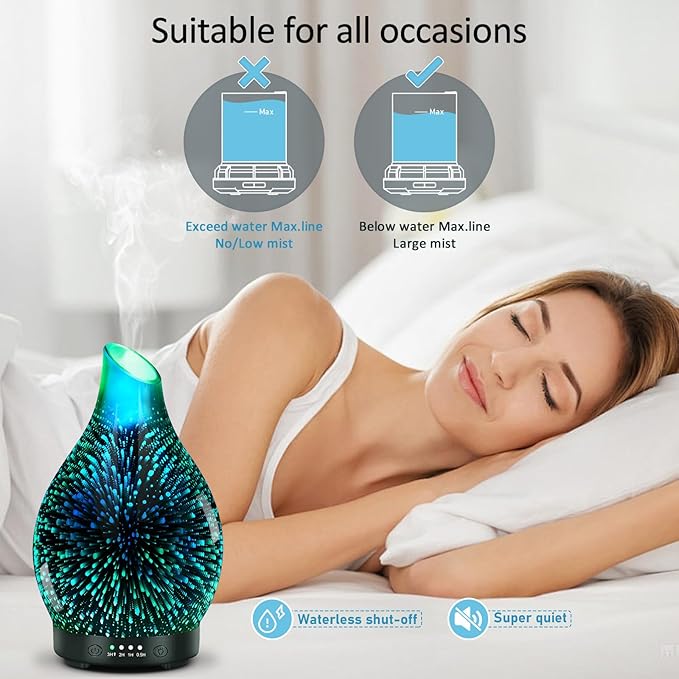 Essential Oil Diffuser 120ML -3D Firework Glass Aromatherapy Diffusers for Essential Oils with 4 Timer Setting Auto Shut-Off Silent Operation 7 Colors Lights Changing for Room, Office, Yoga - Bloomnest
