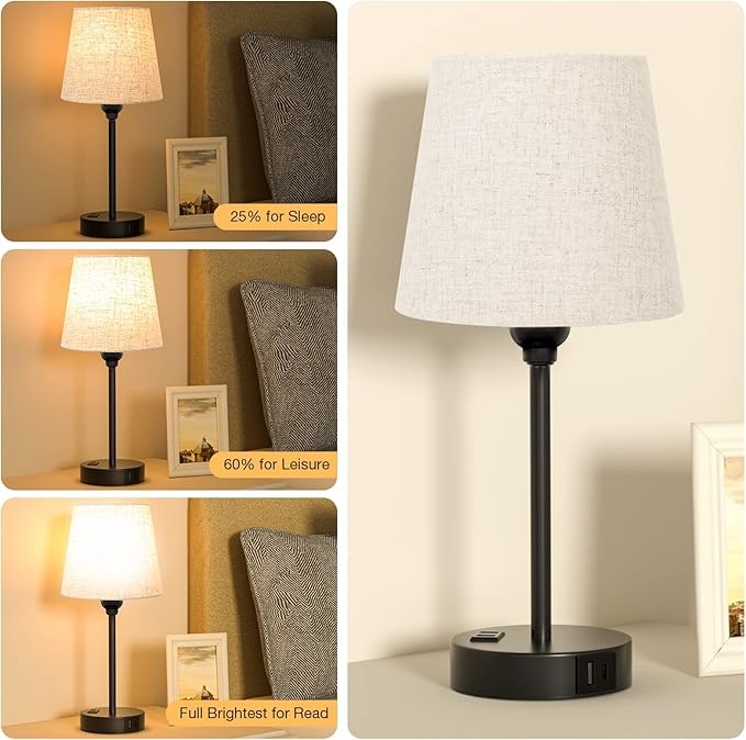 Mini Bedside Lamps for Bedrooms Set of 2 - Nightstand Bedroom Lamps with USB C Port and AC Outlet Charging, Dimmable Touch Small Bed Side Table Lamp, Black Night Stand Light for Kids/Guest Room - Bloomnest
