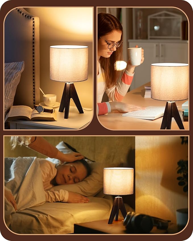 EDISHINE Boho Small Table Lamp, Walnut Color Wooden Tripod Bedside Lamp, Farmhouse Nightstand Lamp for Nursery, Bedroom, Office, Kid Room, Living Room, Grey Linen Lampshade, E26 Socket, 14.2 Inch - Bloomnest