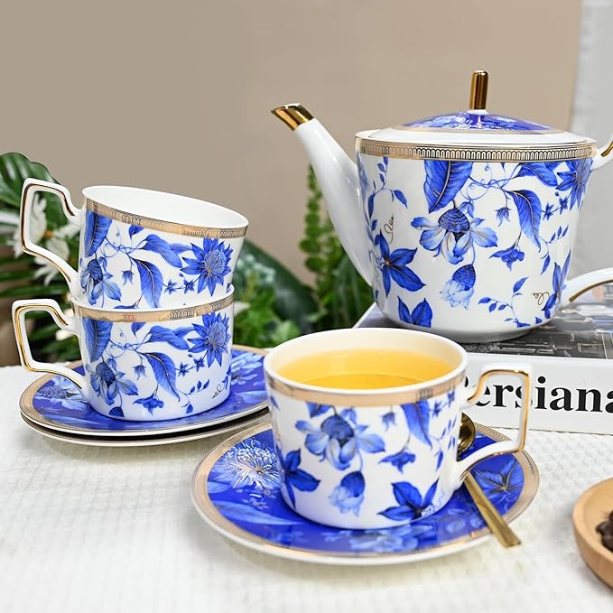 Bone China Tea Set for Adults, Blue and White Porcelain Tea Sets, Bone China Tea Cup Set With Teapot Creamer Pitcher Sugar Bowl and Teaspoons, Vintage Tea Sets for Women Tea Part - Bloomnest