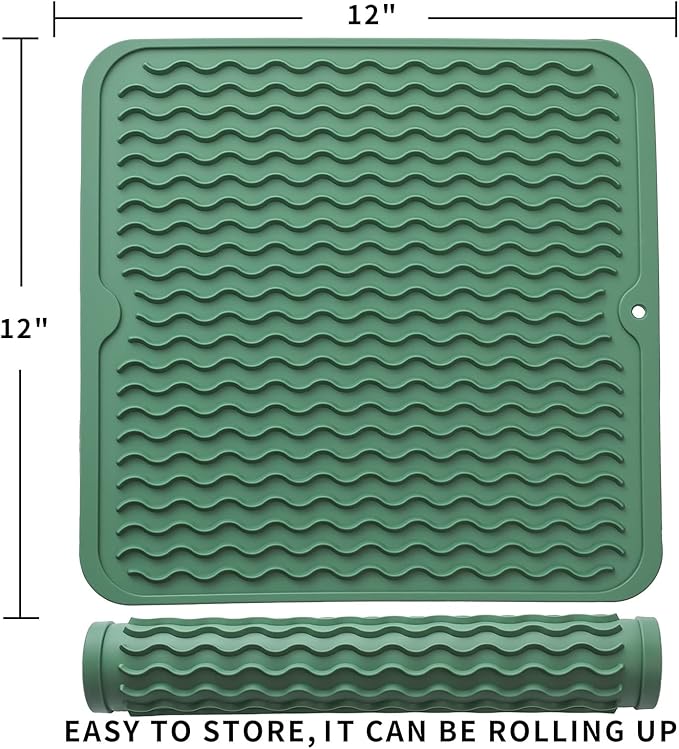 Silicone Dish Drying Mat for Multiple Usage,Easy clean,Eco-friendly,Heat-resistant Silicone Mat for Kitchen Counter or Sink,Refrigerator or Drawer liner Green M 12 inches x 12 inches - Bloomnest