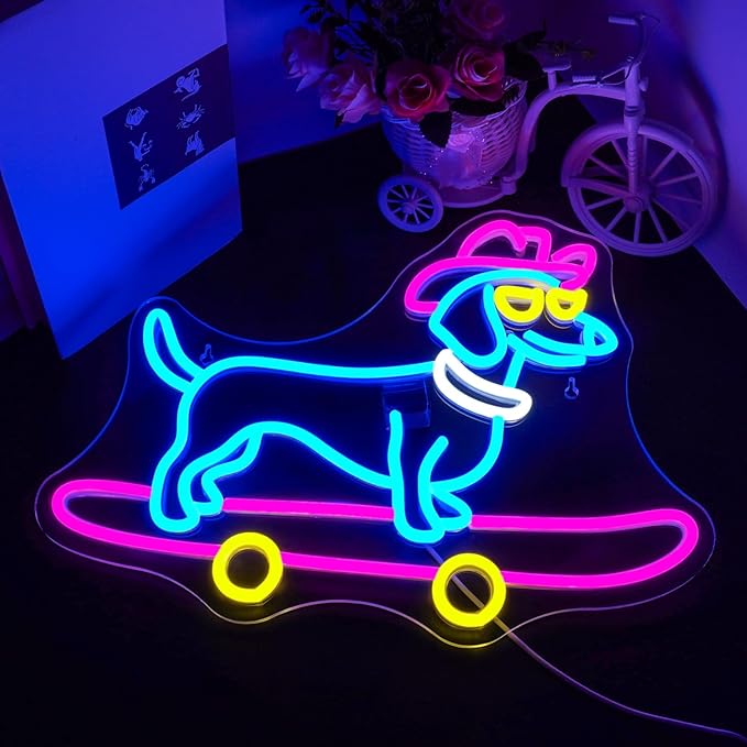 Lucunstar Dachshund Neon Sign Skateboard Dog Neon Light up Sign USB Adjustable Neon Lights Art Wall Decor LED Sign for Bedroom Shop Pet Lovers Gift - Bloomnest