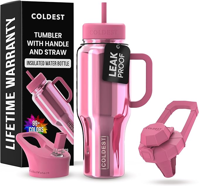 Coldest Tumbler with Handle and Straw - 100% Spill Proof Tumbler with Straw (3 Lids) - Stainless Steel Insulated Leakproof Tumblers for Women & Men - 36 oz (Pink Reflections) - Bloomnest