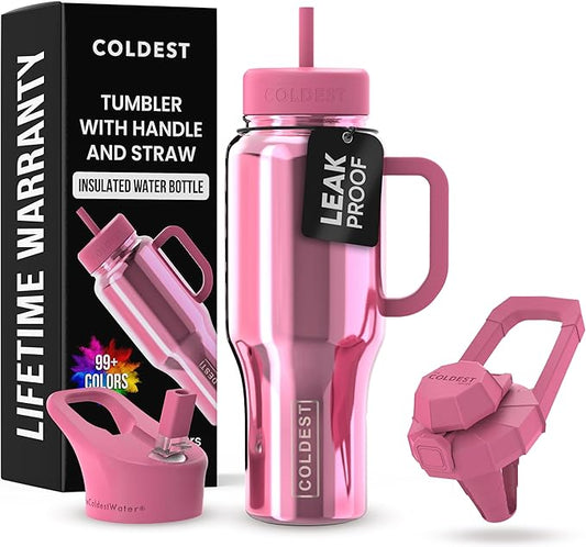 Coldest Tumbler with Handle and Straw - 100% Spill Proof Tumbler with Straw (3 Lids) - Stainless Steel Insulated Leakproof Tumblers for Women & Men - 36 oz (Pink Reflections) - Bloomnest