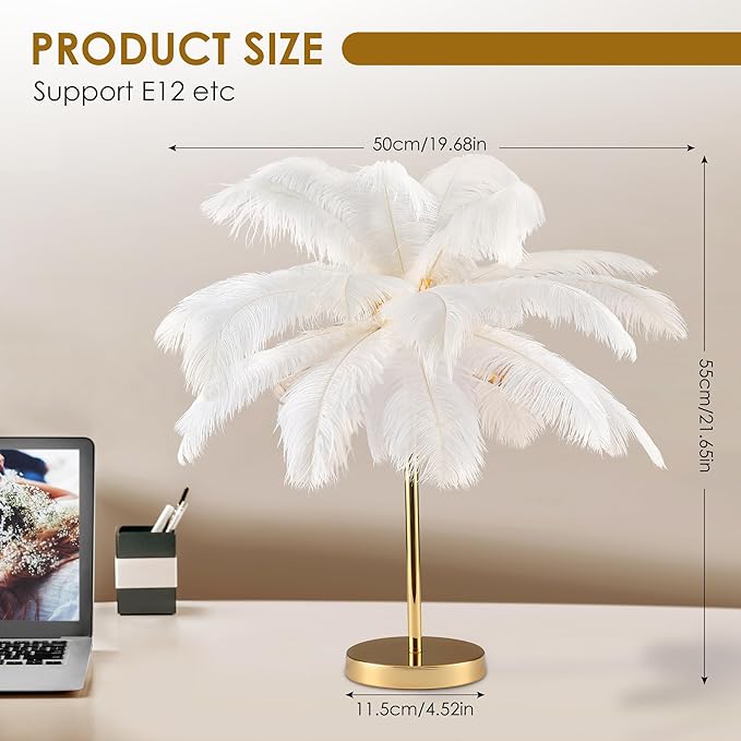 MAYOLA Modern Ostrich Feather Table Lamp with Plug in Wire,3-Light Bedside Floor Lamp for Living Room, Bedroom and Office 24” Tall Feather Desk Lamp (White, Table Lamp-Metal) - Bloomnest