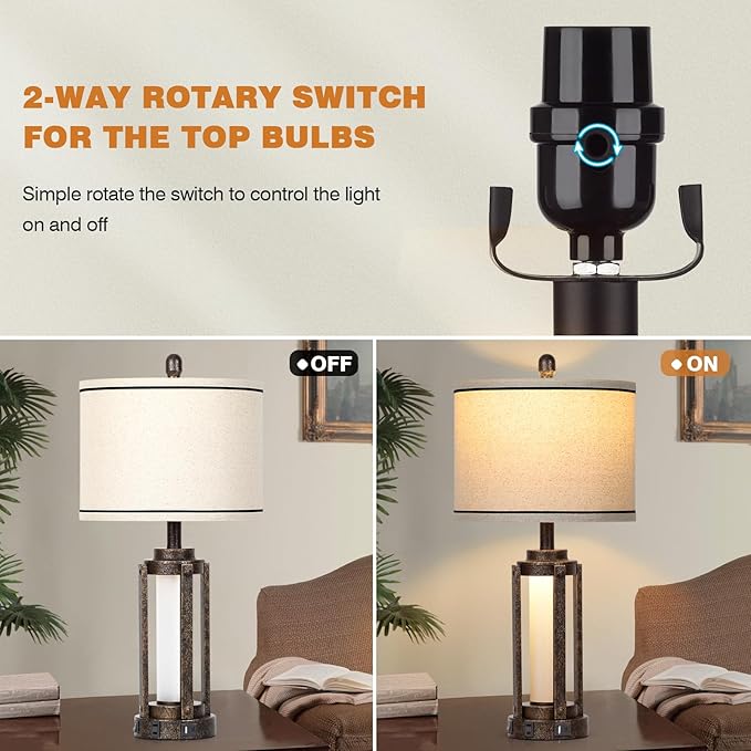 Farmhouse Industrial Lamp with USB A+C Charging Ports & AC Outlet, 26" Vintage Rustic Retro Table Lamp with Glass LED Night Light & Linen Fabric Shade for Living Room Bedrooms Single(2 Bulbs Included) - Bloomnest
