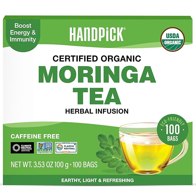 HANDPICK, Organic Moringa Tea Bags (100 Count), Pure Moringa Leaves | Authentic Indian Origin | Caffeine Free, Non GMO | Earthy, Light & Refreshing | Round Eco-conscious Teabags - Bloomnest