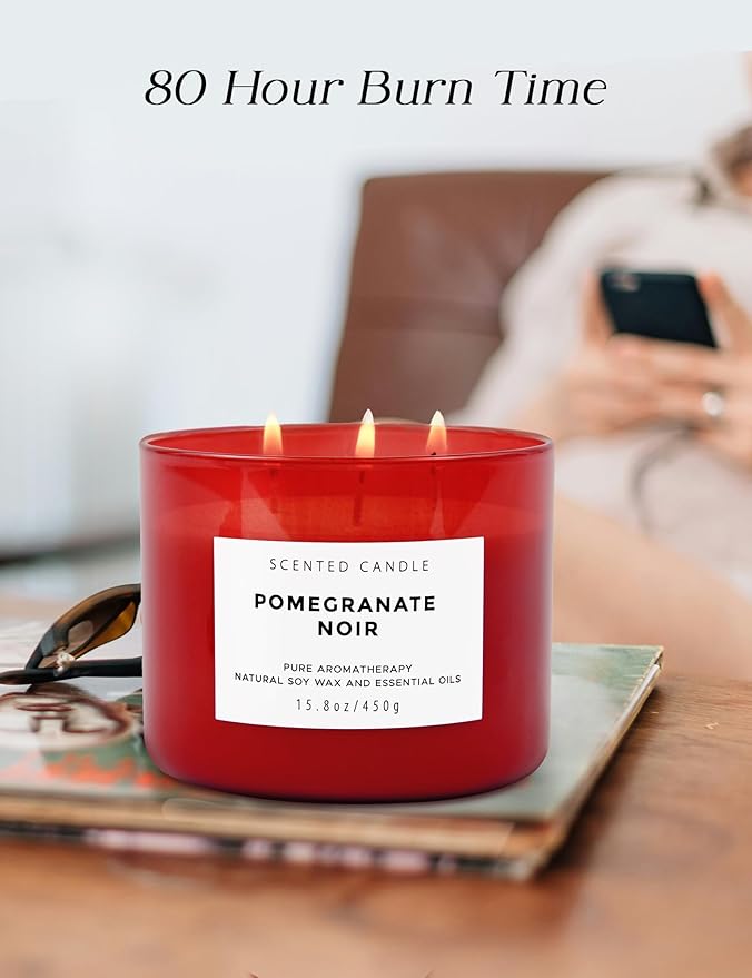 Pomegranate Noir Vanilla 3 Wick Candle | Highly Scented Natural Soy Candle 15.8 oz | Aromatherapy Stress Relief Candle Long Lasting & Clean Burn | Luxury Relaxing Gift for Home, Women & Men - Bloomnest