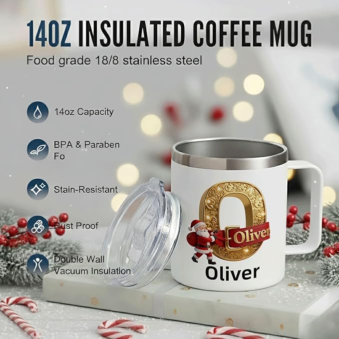 Personalized Christmas Mug | Custom Elegant Gold Initial Insulated Coffee Cup with Handle & Lid | 12oz Holiday Tumbler, Unique Santa Gift for Women & Family (B32) - Bloomnest