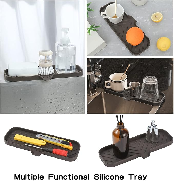 Silicone Bathroom Soap Dishes with Drain Spout-Bathroom and Kitchen Sink Organizer,Sponge Holder,Dish Soap Tray,Perfect for Dispenser,Scrubber,Bottle,Cup on Sink or Counter-Coffee 12"×4" - Bloomnest
