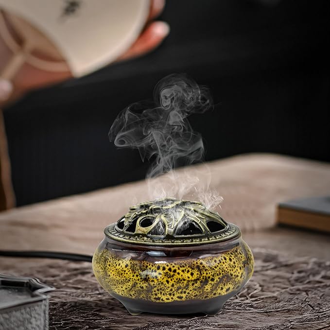 MrMrKura Ceramic Incense Burner with Lid, Incense Holder for Sticks Incense Cone Holder with Brass Incense Stick Holder for Yoga Meditation Home Decor (Fambe Yellow) - Bloomnest