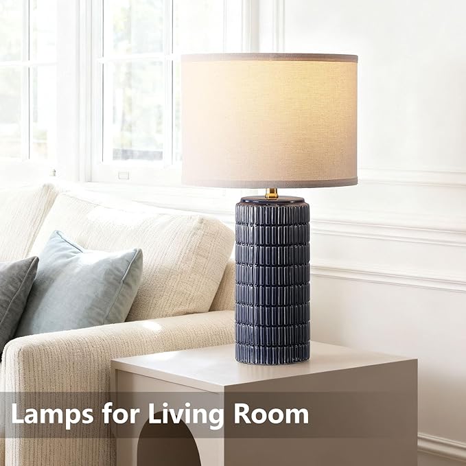 Modern Ceramic Table Lamp Set of 2, Bedside Lamp for Bedroom Decor, Nightstand Lamp with 3 Color Temperatures, Desk Light for Living Room Dorm Office, Blue - Bloomnest