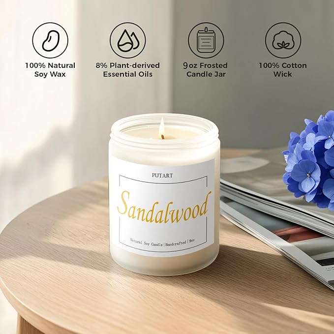 Sandalwood Scented Candles for Home, Natural Soy Wax Aromatherapy Santal Candle Gifts for Women & Men, Handmade Highly Scented & Long Lasting Non Toxic Jar Candle for Stress Relief (9oz - Bloomnest