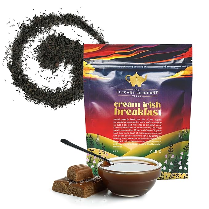 Cream Irish Breakfast Tea, Loose Leaf Black Tea – Irish Classic with Caramel & Strong Assam – Robust, Full-Bodied – Drink Hot or Iced – 4 oz Resealable Bag (Makes 50 Cups) – The Elegant Elephant - Bloomnest
