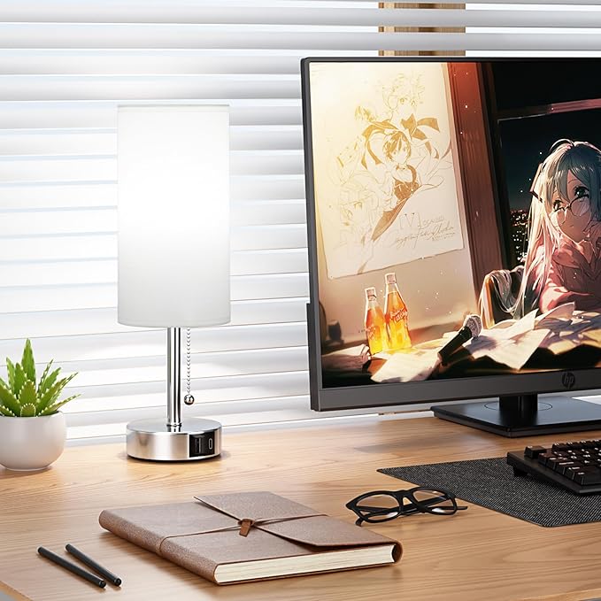 White Table Lamp for Bedroom Nightstand - Small Lamp with USB A + C Charging Port, 3 Color Temperatures Pull Chain Night Stand Light, Silver Base Desk Reading Lamp for Living Room - Bloomnest