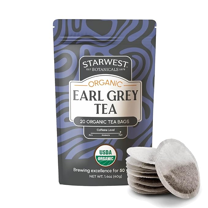 Starwest Botanicals Organic Earl Grey Tea - Caffeinated Herbal Blend with Black Tea & Bergamot, Enjoy Hot or Cold, String Free Sachets, USDA Organic, Non GMO - 20 Tea Bags - Bloomnest