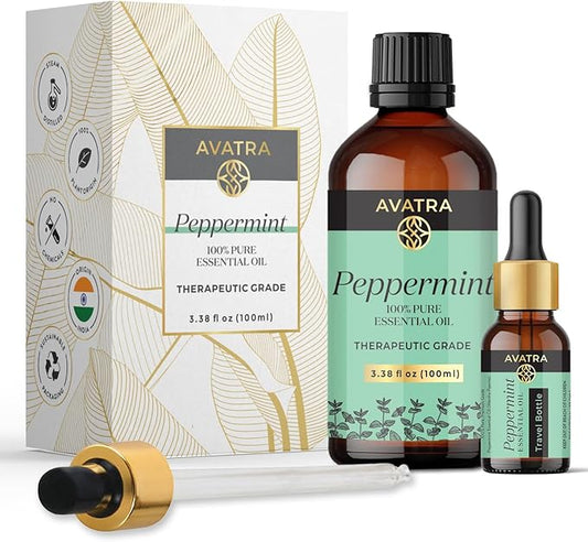 Avatra Peppermint Essential Oil 100ML (3.38 OZ) with Glass Dropper and Travel Bottle, Pure and Natural Therapeutic Grade Peppermint Oil for Diffuser, Aromatherapy, Massage, and DIY Candle Products - Bloomnest