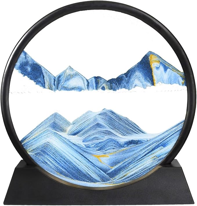 BGFJYUK Moving Sand Art Picture in Motion, Round Tempered Glass 3D Deep Sea Sandscapes with Display Flowing Sand Frame for Relaxing Desktop Home Office Work Décor for Kids Adults （Blue, 7inch - Bloomnest