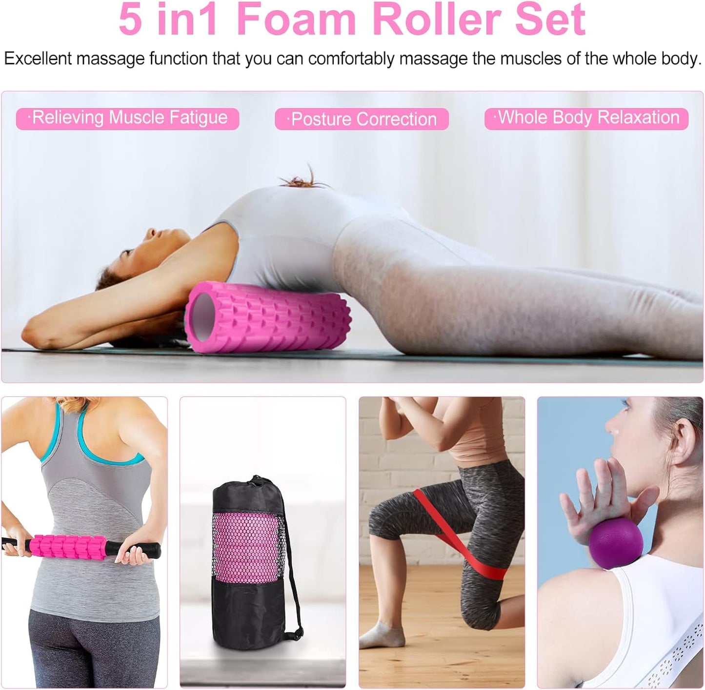 5 in 1 Foam Roller Set Includes Hollow Core Massage Roller, Yoga Stick, Massage Ball, Fitness Stretching Strap, Carrying Bag, Towel, Massage Roller (Pink)