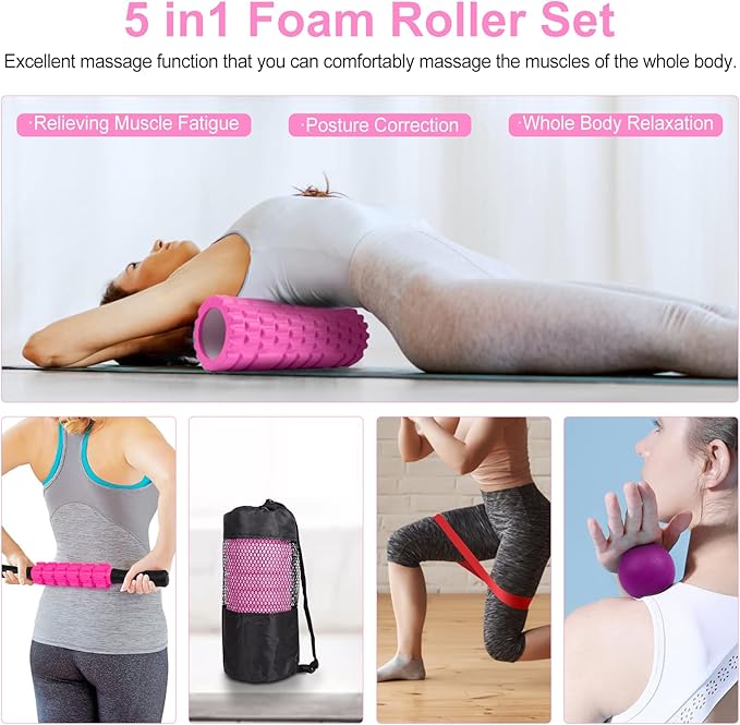 5 in 1 Foam Roller Set Includes Hollow Core Massage Roller, Yoga Stick, Massage Ball, Fitness Stretching Strap, Carrying Bag, Towel, Massage Roller (Pink) - Bloomnest