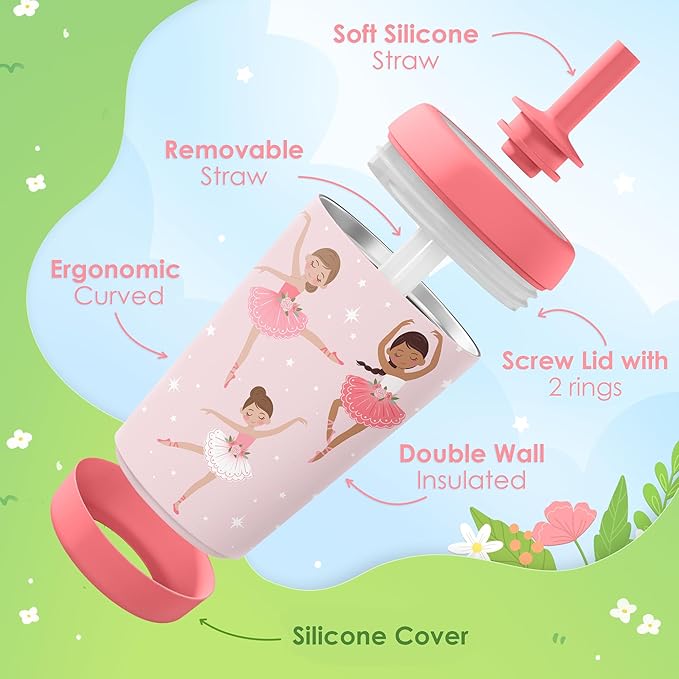 Kid Insulated Stainless Steel Tumbler with Silicone Straw, 12oz Sippy Cup for Kids (Pink Ballerina) - Bloomnest