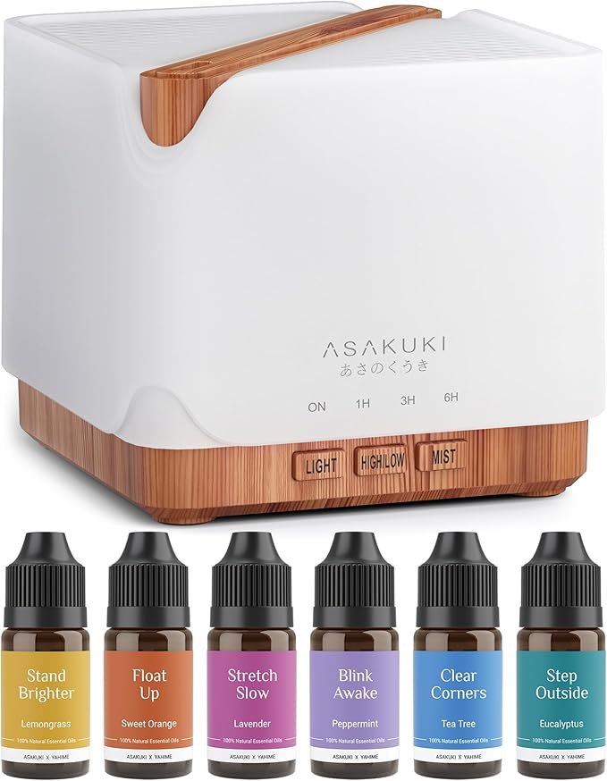 ASAKUKI Essential Oil Diffuser 700ml, Ultrasonic Aromatherapy Humidifier with Top 6 Essential Oils Set, 7 LED Colors, Timer & Auto-Off, Large Room Diffuser - Bloomnest