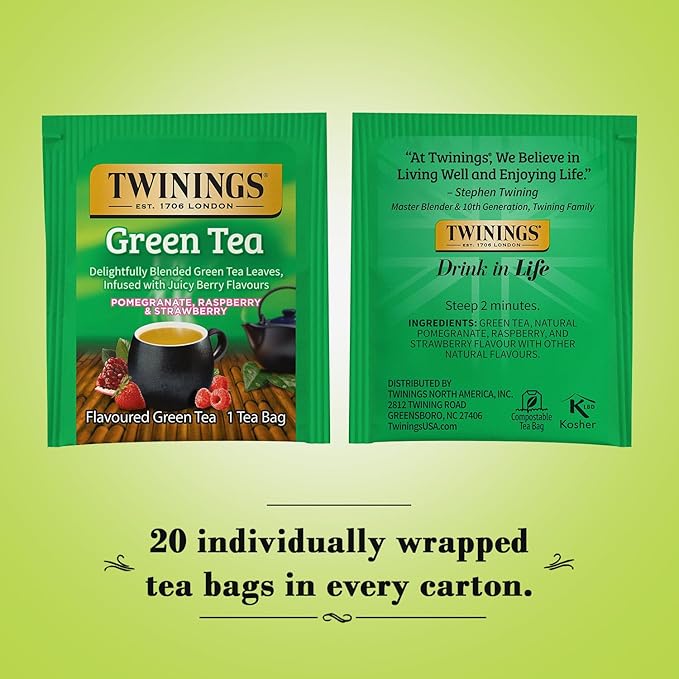 Twinings Green Tea with Pomegranate, Raspberry, and Strawberry - Caffeinated Green Tea Bags Individually Wrapped, 20 Count (Pack of 2)  - Bloomnest