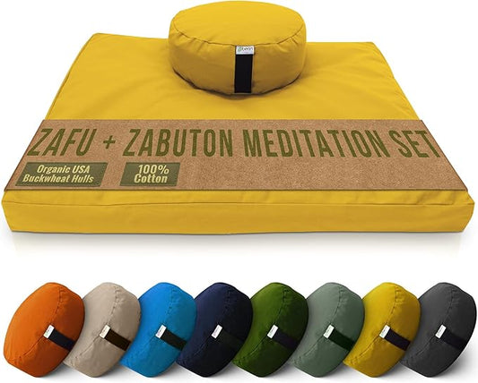 Bean Products Meditation Cushion Mat Set - Zafu Floor Pillow Organic Buckwheat Pillow + Cotton Filled Zabuton Prayer Pad - Meditation Pillow Yoga Knee Pad - Made in USA - 14" Round or 18" Oval - Bloomnest