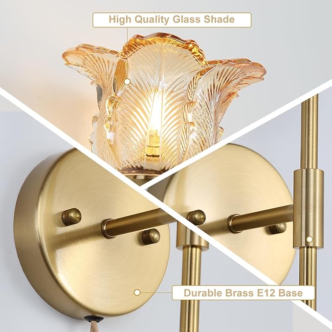 Plug in Gold Wall Sconce Set of 2 with Amber Glass Shades, Modern Mid Century Bathroom Vanity, Wall Light Fixtures, Brushed Brass Wall Lamp, for Bedroom Mirror Living Room, ETL Listed - Bloomnest