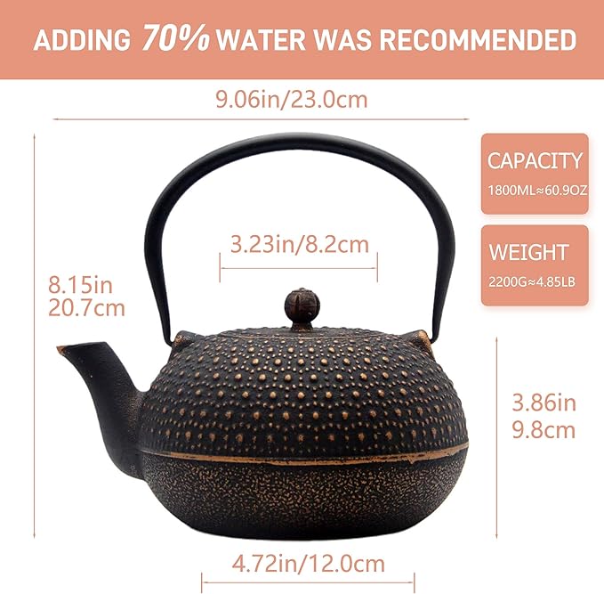 YJX 60.9oz Large Cast Iron Teapot for Stovetop Safe, 6 Cup Tea Kettle, Japanese Tetsubin, Teapot with Stainless Steel Infuser for Loose Tea, Tea Pot Enameled Interior (1.7QT/1.8L) - Bloomnest