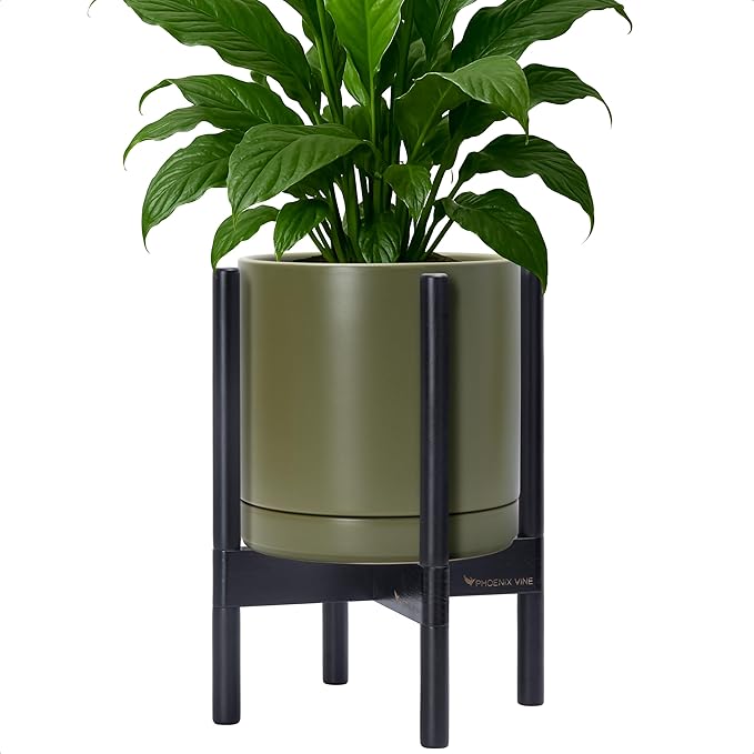 D'vine Dev Ceramic Planter with Ebony Stand - 10 Inch Modern Round Flower Pot with Wood Planter Holder, Olive, 55-B-L-J - Bloomnest