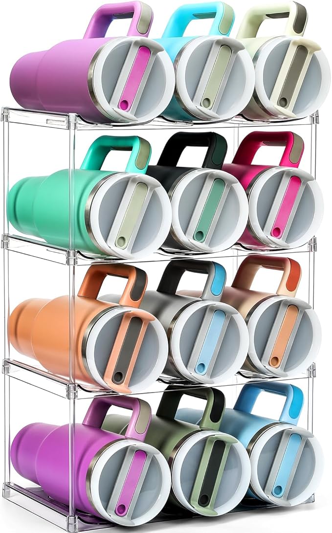 Design for Stanley 40 OZ & Large Bottles & Tumblers with Handle, Acrylic Water Bottle Organizer - Stackable Clear Wine Rack, Cup Holder for Home Kitchen Pantry Shelf Countertop Cabinet, 4 Tier Hold 12 MakeLifeBetterEasier