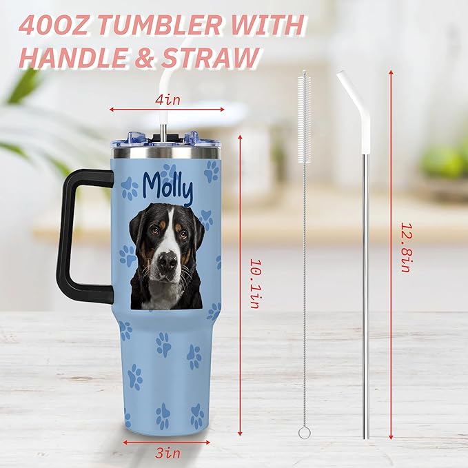 Personalized Tumbler with Dog Pet Photo Face & Name, Custom 40oz Funny Tumblers with Handle and Straw Lid, Gag Gifts For Birthday Christmas, Insulated Stainless Steel Travel Coffee Mug - Bloomnest