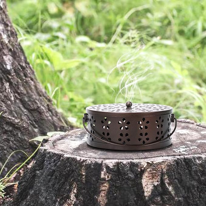 Mosquito Coil Holder 2 Pack Citronella Incense Coil Holder Outdoor Steel Round Mosquito Coil Burner Tray with Handle and Lid (Black/Bronze) - Bloomnest