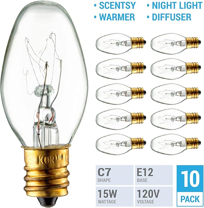 (Pack Of 10) 15-Watt Light Bulb for Scentsy Plug-In Warmer Nightlight, Mini Scented Candle Wax Warmer Diffuser and Himalayan Salt Rock Lamps & Baskets. 15C7 15W Clear Replacement Bulb, Candelabra Base - Bloomnest
