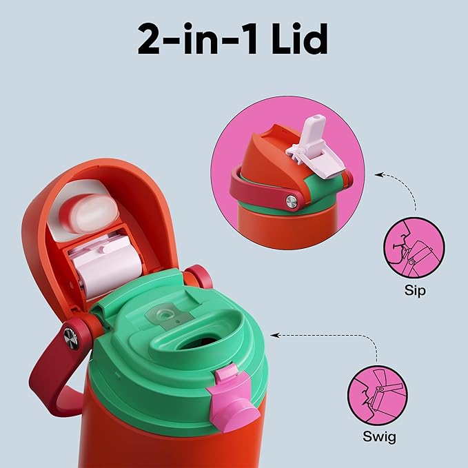 Insulated Water Bottle with Straw - Encool Stainless Steel Water Bottle with Push Button Lid, Leak-Proof & BPA-Free, Keeps Cold for 24 Hours for Sports, Travel, Gym (24 oz, Grapefruit Red) ENCOOL