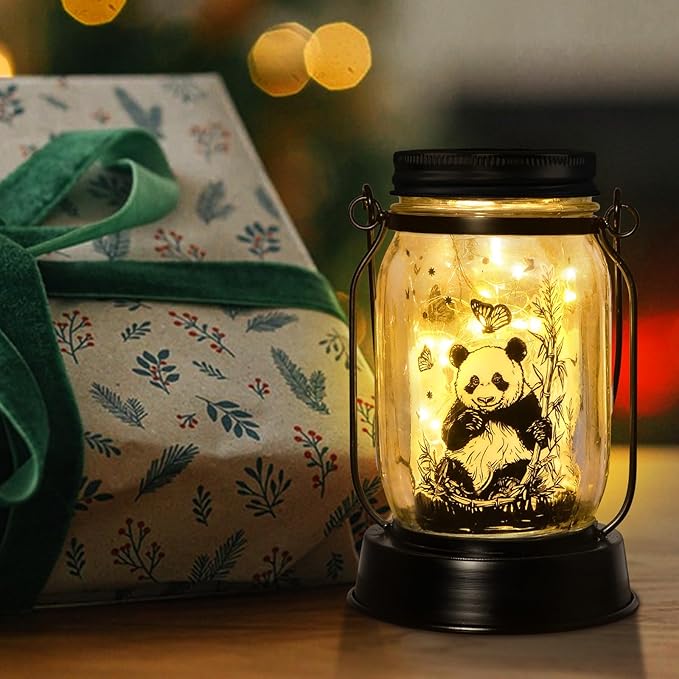 kyoryuger Panda Gifts for Women/Men/Kids Panda Solar Lanterns Mom Grandma Birthday Present Lantern Memorial Lights Solar Garden Decoration Outside for Yard, Patio,Backyard,Porch Torches - Bloomnest
